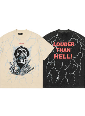 REPRESENT嘻哈风骷髅头闪电印花短袖T恤男女宽松重磅纯棉情侣上衣