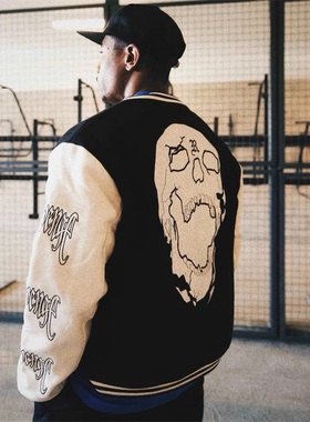 Revenge Varsity Jacket Vintage秋冬骷髅刺绣拼接棒球服夹克外套