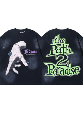 地狱之星洗水复古美潮oversize做旧字母印花短袖T恤男女宽松上衣