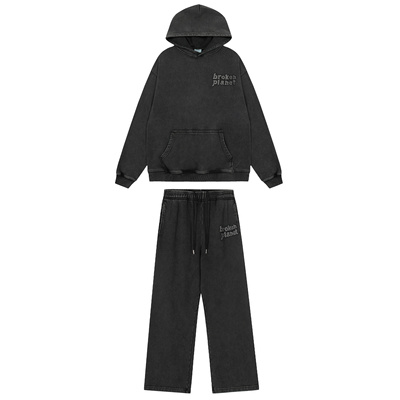 美式复古风Brokenplanet字母印花连帽卫衣套装男女款休闲洗水做旧