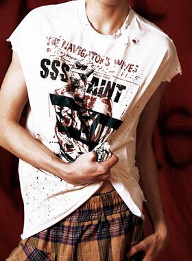 Sssaint Louis泼墨涂鸦脏洗做旧破坏高街潮流纯棉无袖背心汗衫男