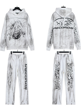 街头风涂鸦hoodie印花连帽卫衣套装男女款宽松复古运动穿搭直筒裤