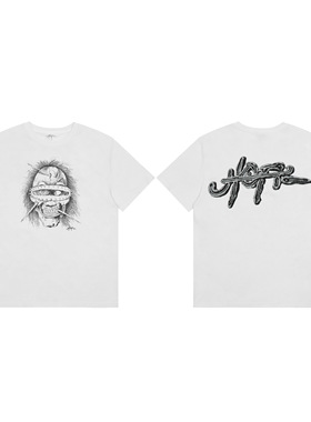 高街风TRAVISSCOTT骷髅印花短袖T恤男女宽松潮流街拍白色纯棉上衣