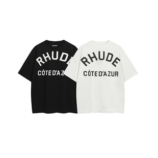 RHUDE春秋新款美式高街复古潮流字母印花拼接毛圈短袖套头卫衣FOG