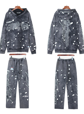 高街风水洗做旧字母印花连帽卫衣潮牌套装男女青少年宽松运动卫裤