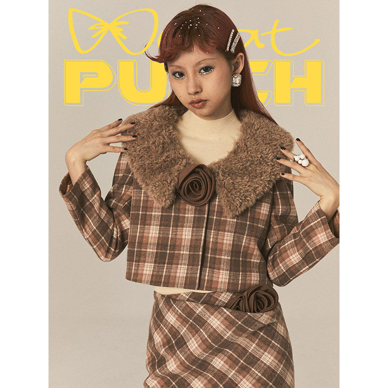 catpunch甜喵预警 粉棕格可拆卸玫瑰花毛领短外套 复古精致呢西装