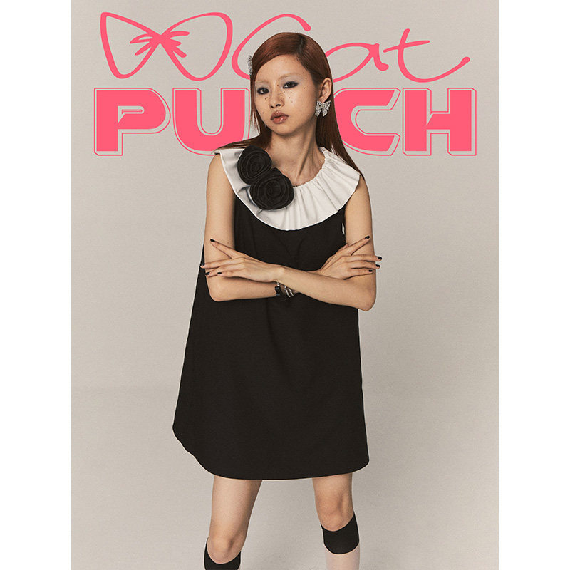 catpunch甜喵预警 荷叶领立体花胸针连衣裙 黑白撞色a字版小黑裙