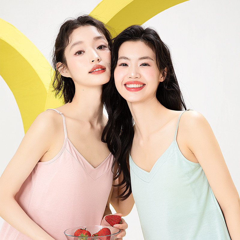 内茵吊带背心女带胸垫一体宽松可外穿夏季打底中长款家居服睡裙