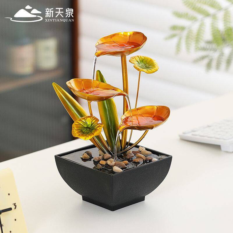 创意桌面流水摆件小型荷叶招财风水加湿器办公室循环水景装饰客厅