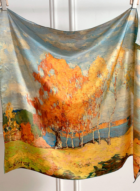 白桦林丝巾女真丝围巾复古桑蚕丝披肩秋之韵黄色油画风送妈妈春秋