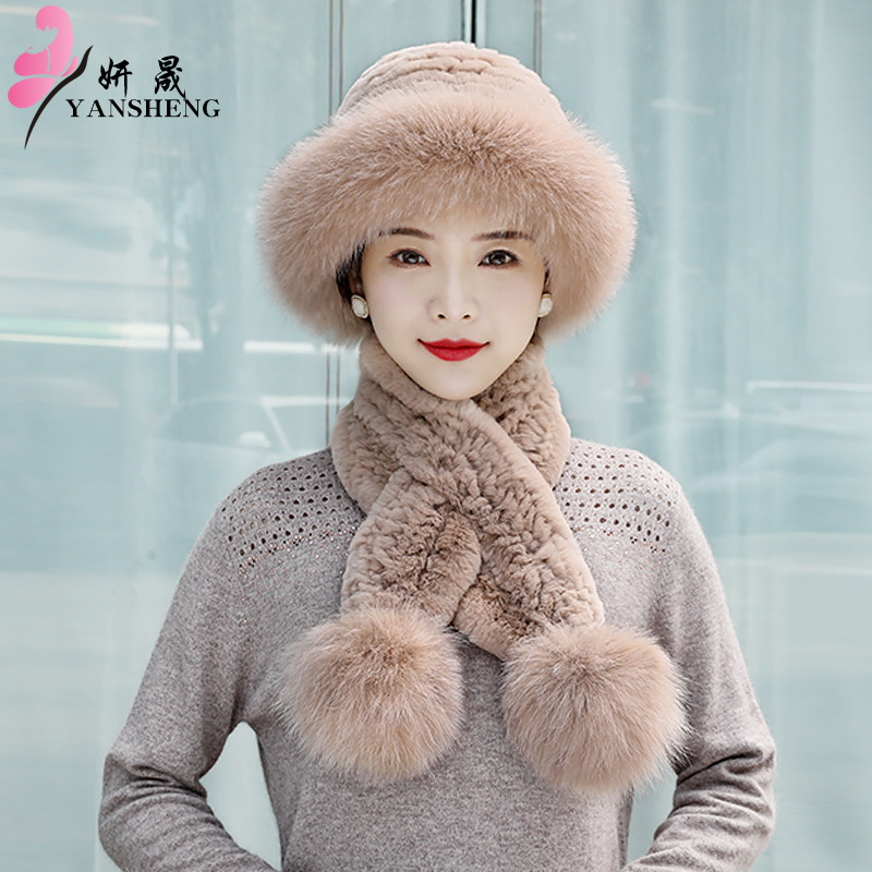 中老年獭兔毛皮草渔夫帽围巾套装女秋冬季狐狸毛礼帽休闲妈妈韩版