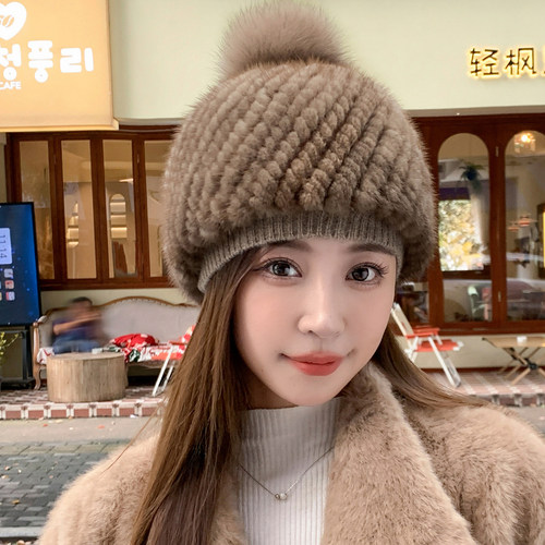 水貂毛帽子女冬时尚户外真毛皮草帽狐狸毛球保暖护耳韩版百搭新款