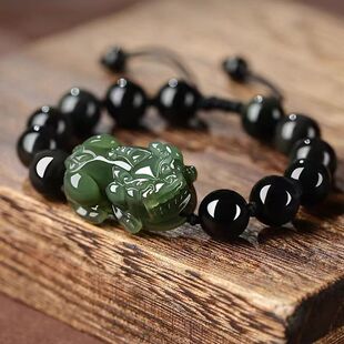 天然和田玉招财貔貅玉石手链女黑曜石手工编织手串送父亲男友礼物