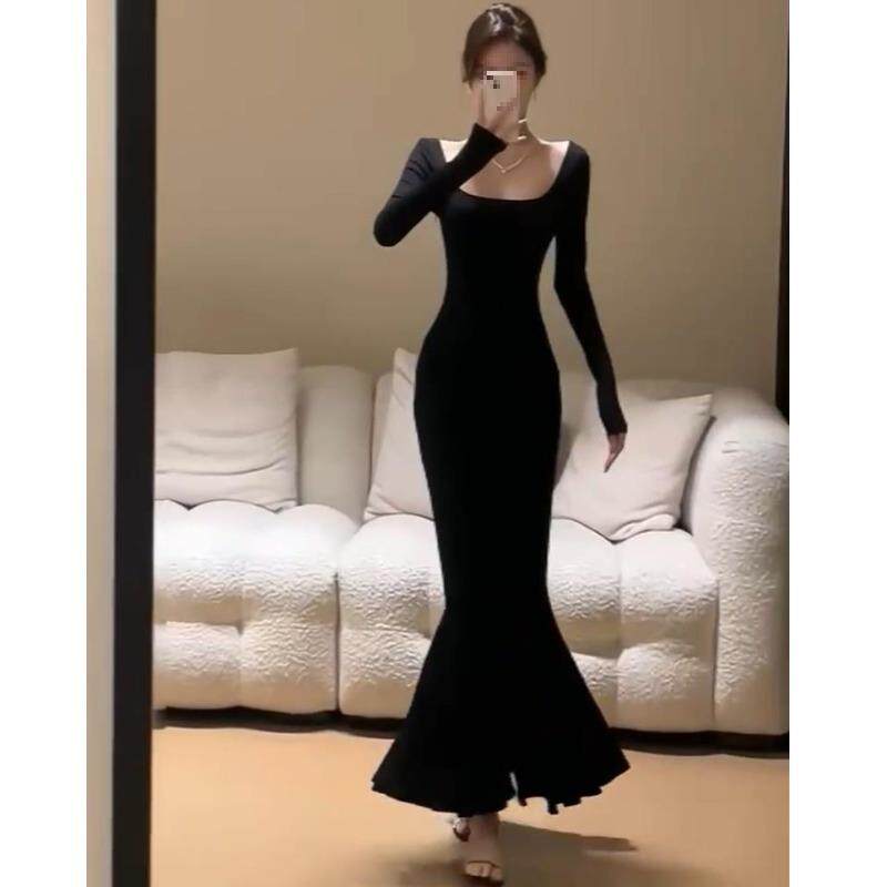 春秋2025新款步步生莲裙子黑色显身材连衣裙感性感包臀长裙女