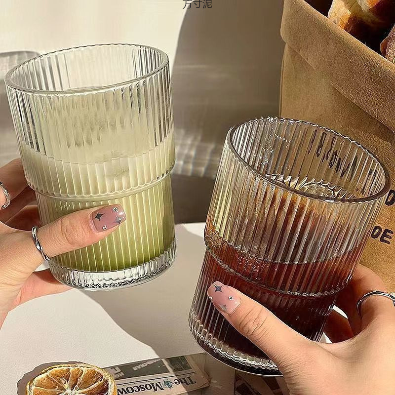 竖条纹玻璃杯咖啡杯带吸管杯家牛奶竹节水杯冰美式透明杯子