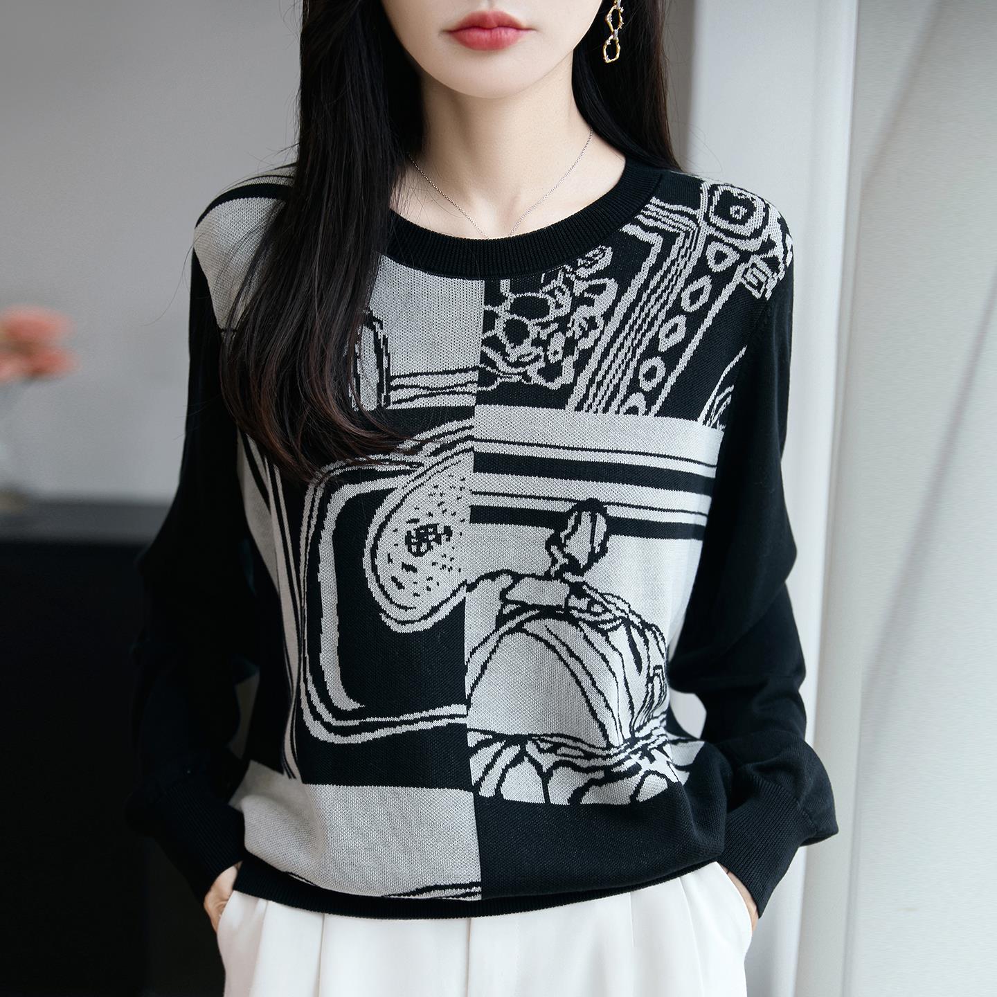 JOYIASS法式复古提花圆领针织衫女精纺细毛软糯打底毛衣2025新款