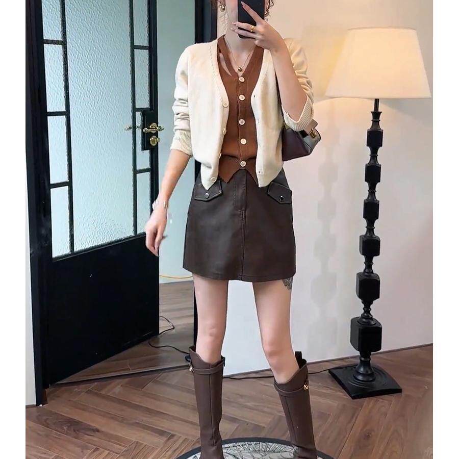 BLLOUKE秋季女装2024新款套装小香风假两件开衫毛衣A字百褶半身裙