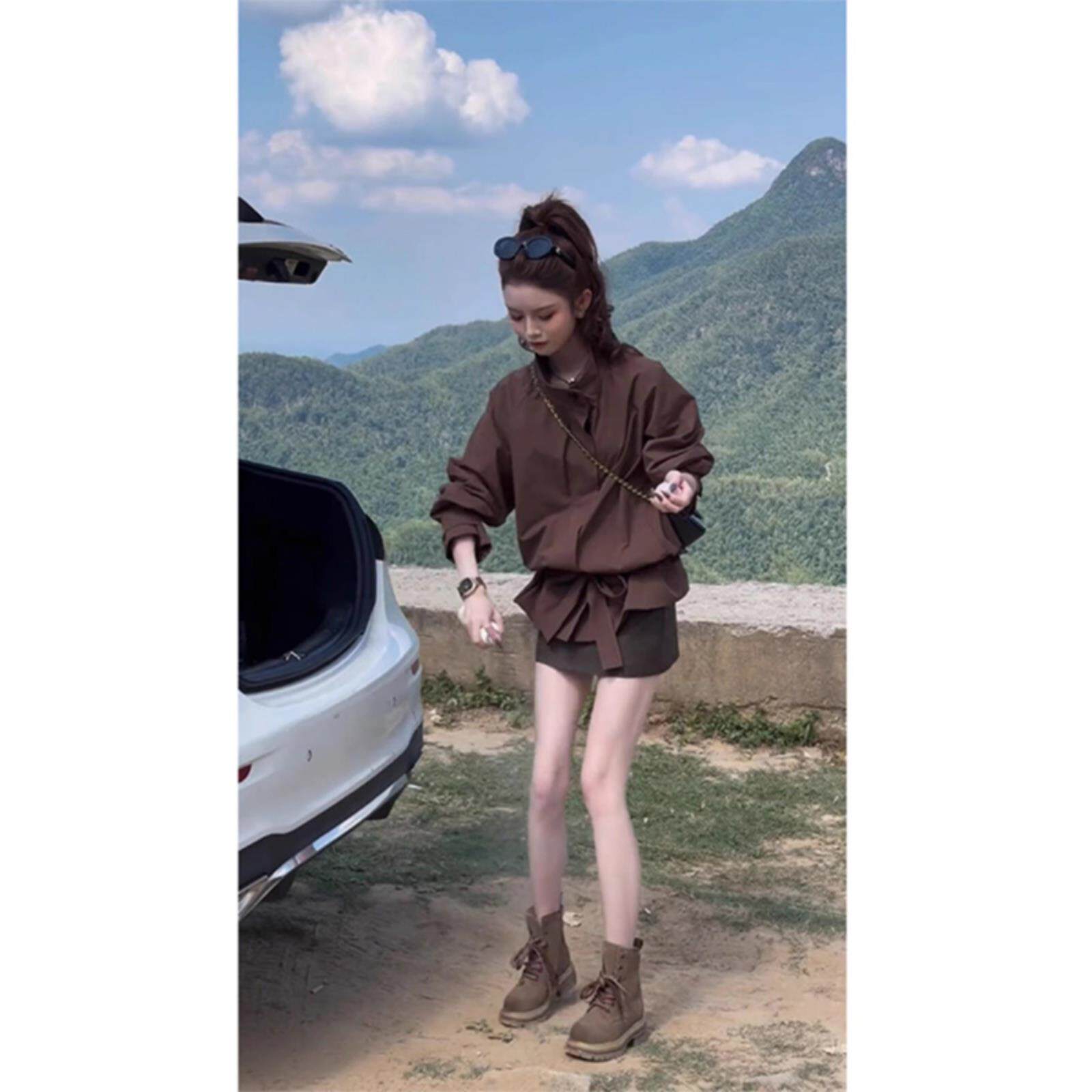 BLLOUKE小个子气质休闲咖啡风衣外套女装秋季新款时尚下摆蝴蝶结