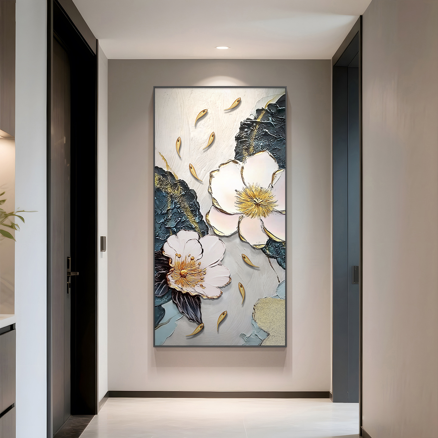 九鱼图玄关装饰画大芬村荷花手绘油画现代轻奢高级感走廊过道挂画