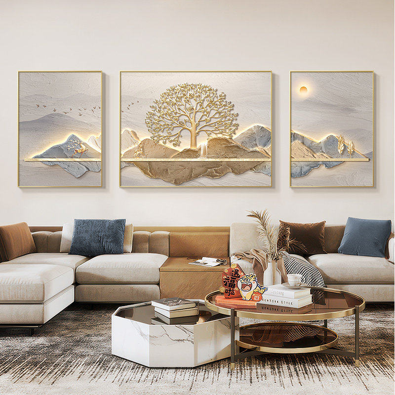 山水画客厅挂画背有靠山大气三联画现代轻奢沙发后面背景墙装饰画,家居饰品,油画,淘宝优惠券,粉丝福利购,淘宝优惠卷