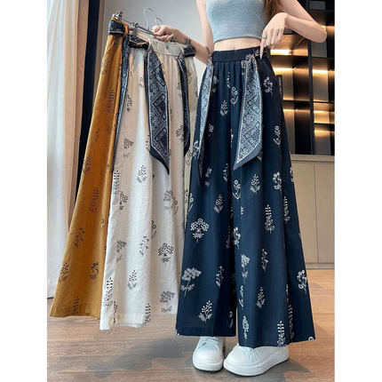 大码2-300斤冰丝印花阔腿裤女夏季薄款系带高腰宽松休闲九分裤子