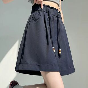 大码300斤胖mm运动休闲短裤女夏宽松薄款高腰显瘦a字阔腿五分裤子