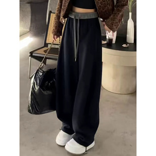 休闲运动弯刀阔腿长裤 子女秋冬加厚卫裤 黑色加绒裤 胖MM300斤大码