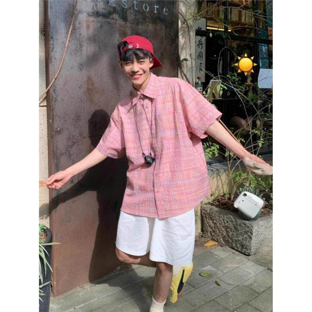 夏季粉红泡泡纱短袖衬衫男生高级少年感沙滩旅游氛围感衬衣外搭潮