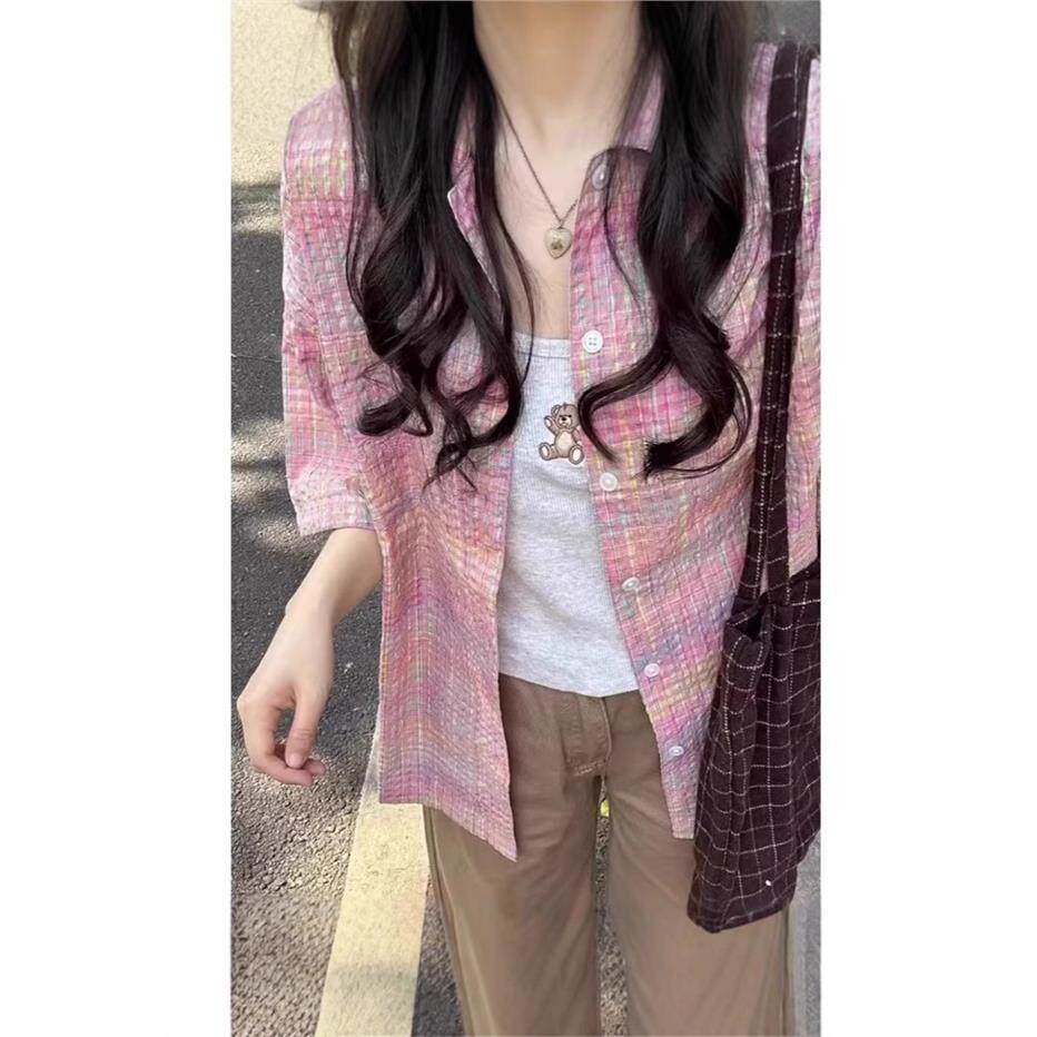 日系泡泡纱格纹短袖衬衫