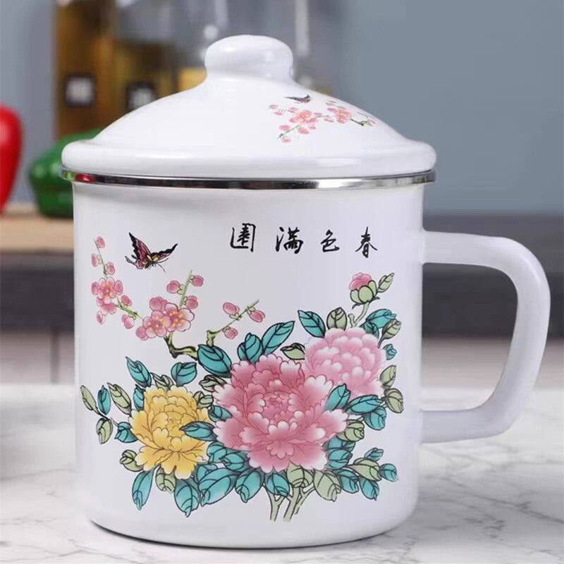 珐琅老式搪瓷杯子带盖茶缸子茶杯铁杯复古大容量水杯泡茶杯子卡通