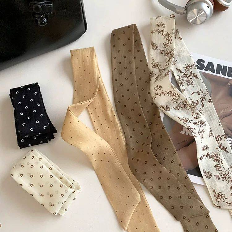 法式复古细窄长条丝巾女春夏季碎花波点装饰领巾系腰绑包围巾装饰
