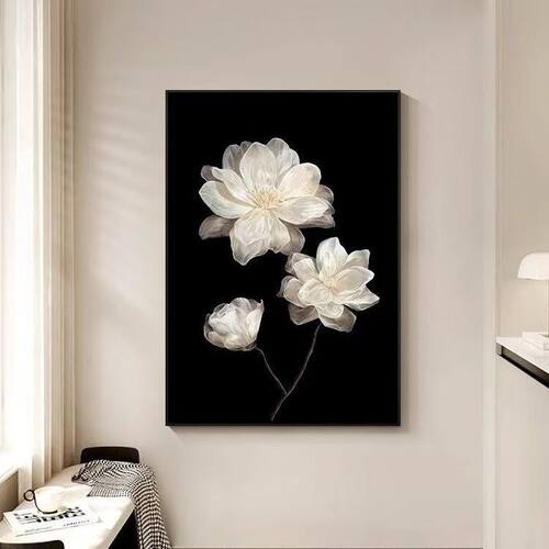 法式客厅装饰画富贵山茶花香风卧室摆画黑白高级玄关尽头挂画