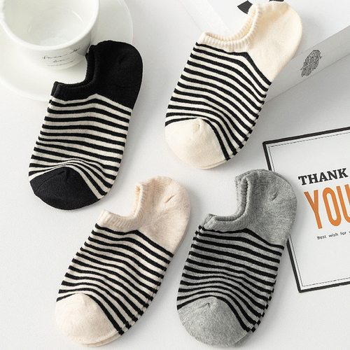 条纹袜子女短袜浅口夏季薄款百搭不掉跟船袜日系多巴胺奶油色船袜