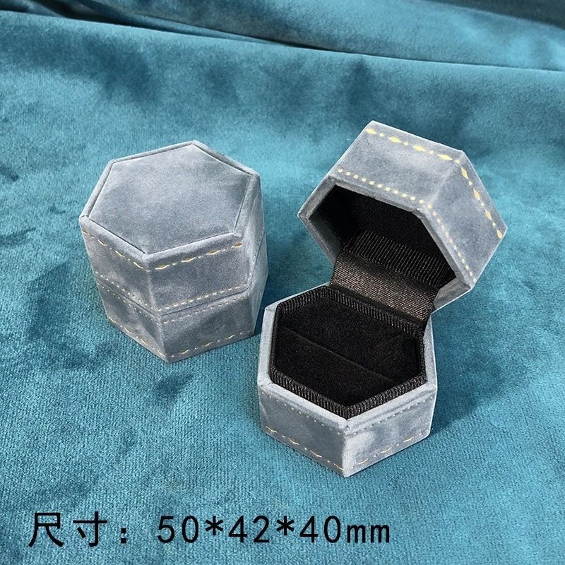 24新款翻盖六角印花纸绒戒指盒精致求婚结婚饰品盒钻戒收纳盒
