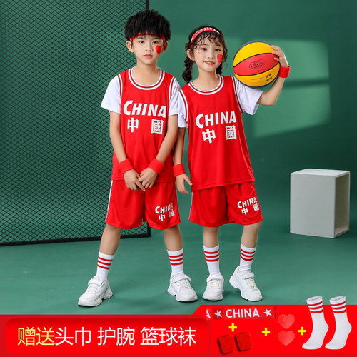 儿童篮球服套装男女孩假两件球衣中国红幼儿园短袖篮球衣运动服装