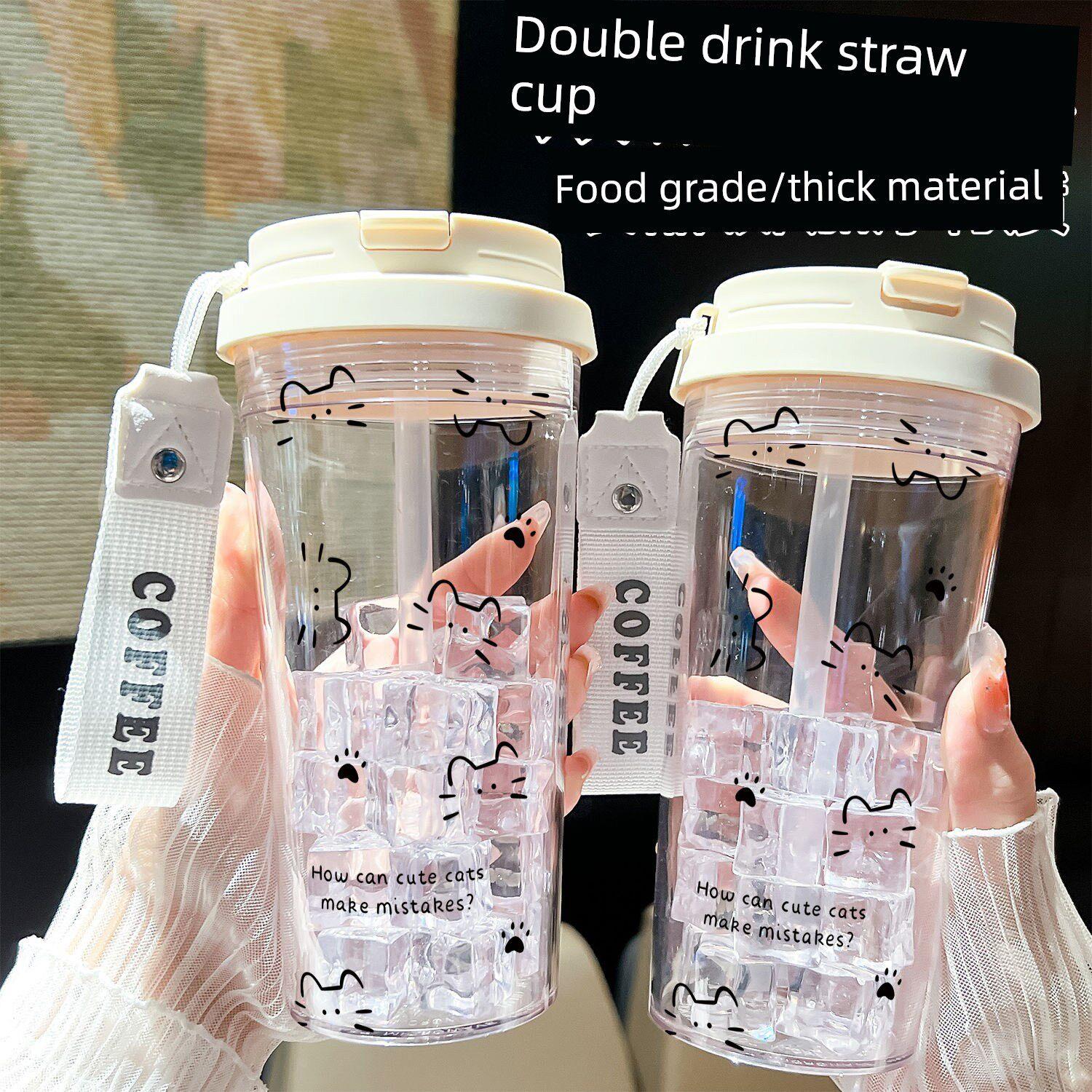 女学生休闲线猫水杯，学校便携式大容量塑料杯，夏季运动水瓶