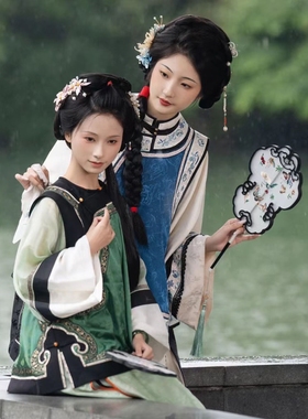 清汉女汉服印花古风氅衣民族服饰马面重工印染清代格格日常套装