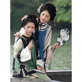 清汉女汉服印花古风氅衣民族服饰马面重工印染清代格格日常套装