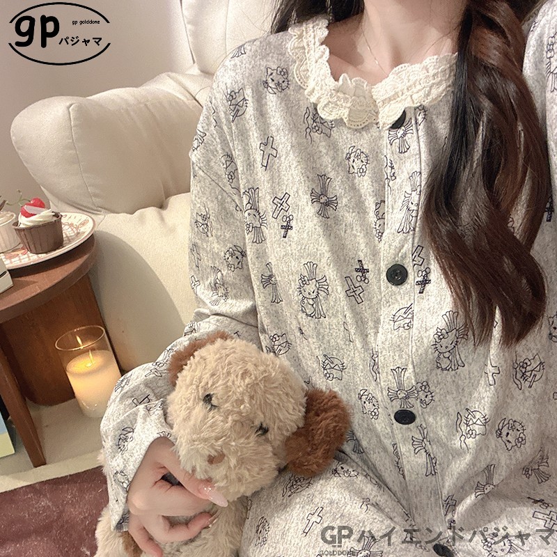 日本GP灰调小恶魔睡衣女生秋冬季长袖长裤甜美学生德绒家居套装