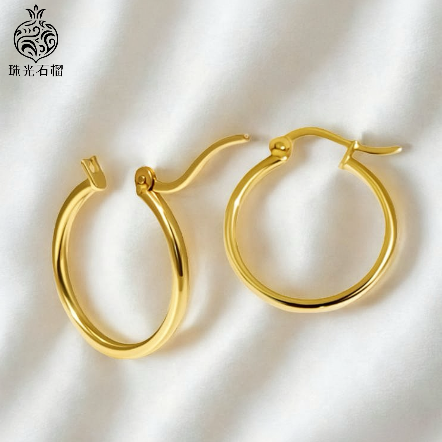 18k金珠光石榴素圈耳扣