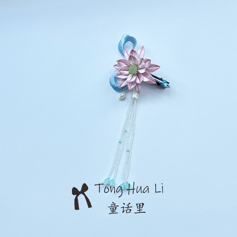 原创汉服粉色荷花发夹仙女非遗缠花发饰流苏国风头饰日常边夹发卡图片
