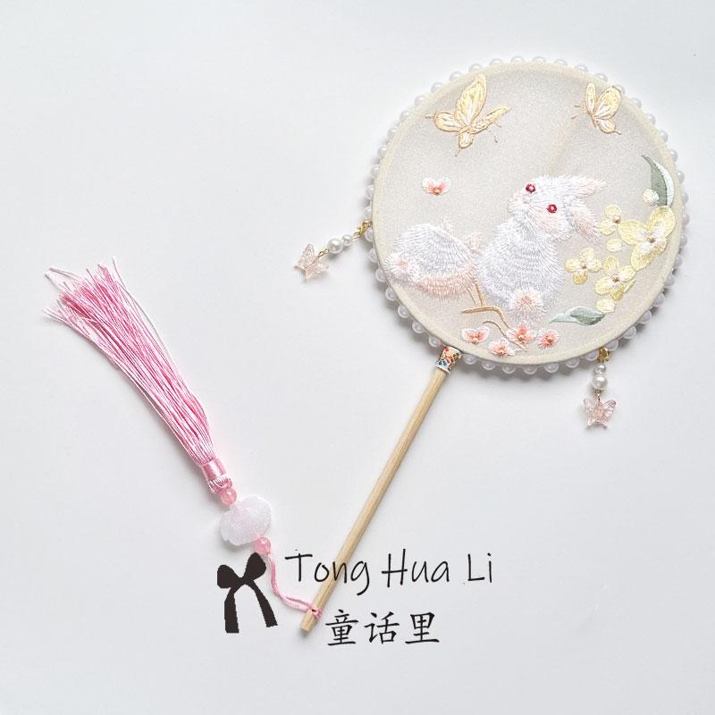 桂花兔圆形单面刺绣团扇图片