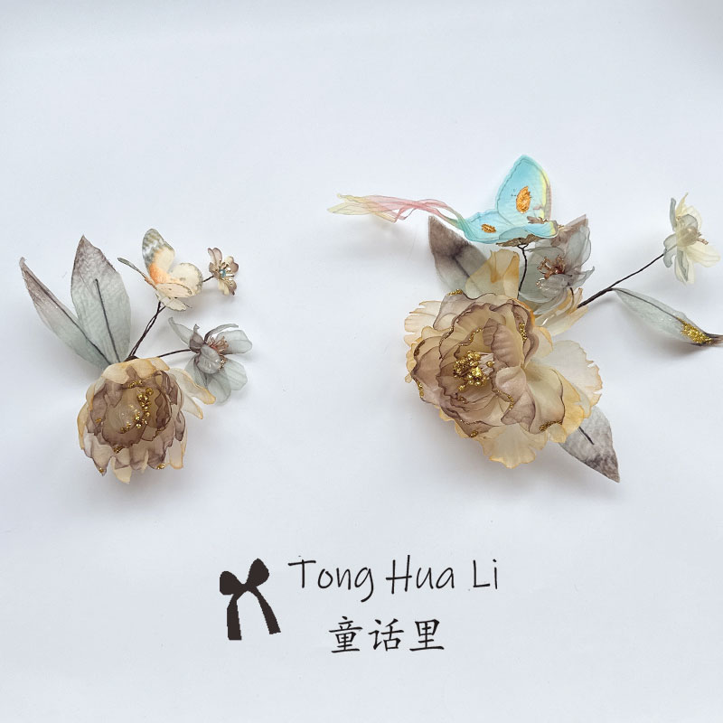 古风发饰超仙流苏对夹黄色烫花百搭桂花蝴蝶边夹明制汉服头饰图片