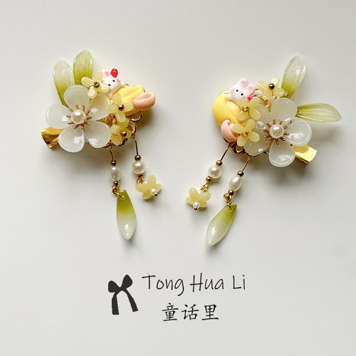 新款儿童古风汉服头饰月桂兔对夹