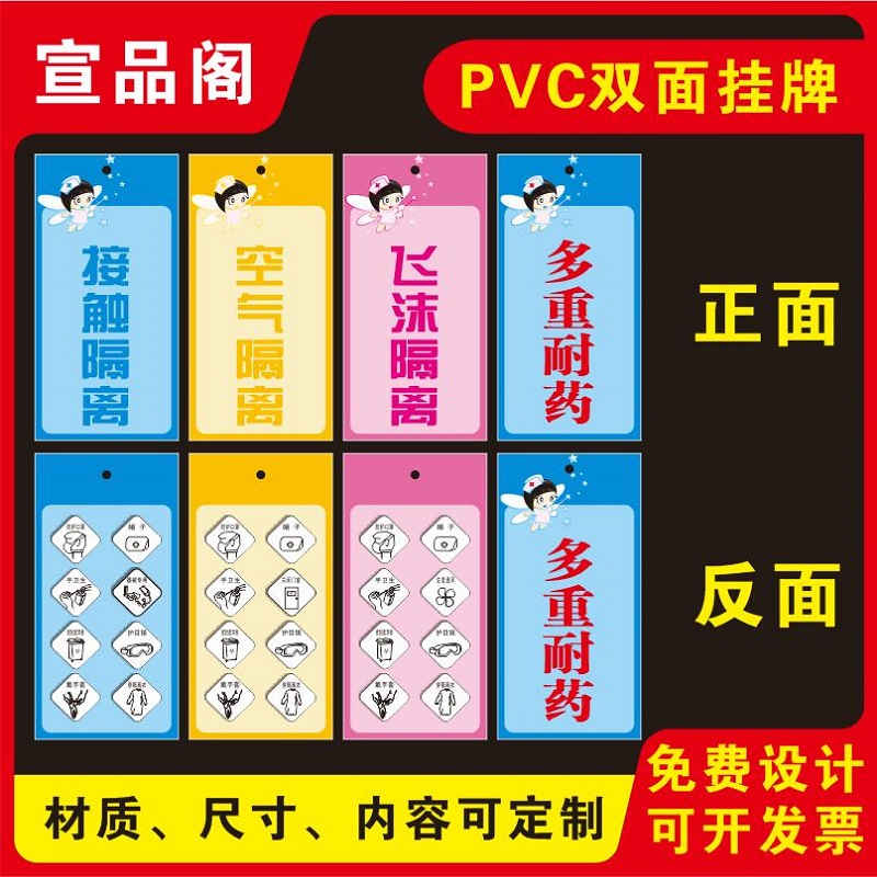 医院病房床头护理牌挂牌飞沫隔离接触隔离空气隔离标识牌多重耐药温馨提示牌双面护理标识牌PVC标识卡可定制