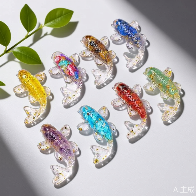 天然水晶碎石锦鲤滴胶小鱼摆件金