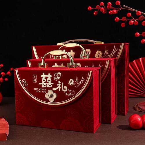 中式彩礼盒子烫金礼金箱订亲聘礼彩礼箱子结婚用品高档手提礼厂家