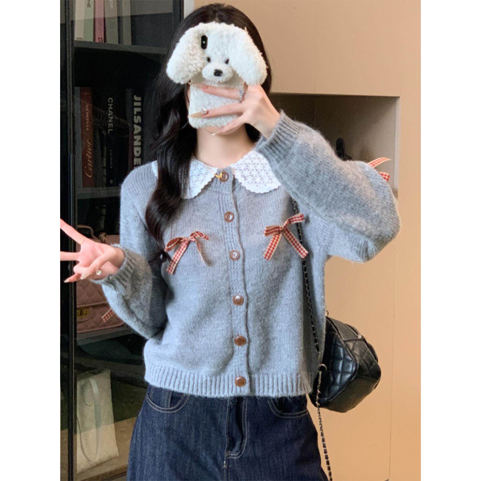 ROUMIKL蕾丝边长袖毛衣开衫女秋冬2025新款小个子显瘦短款上衣针