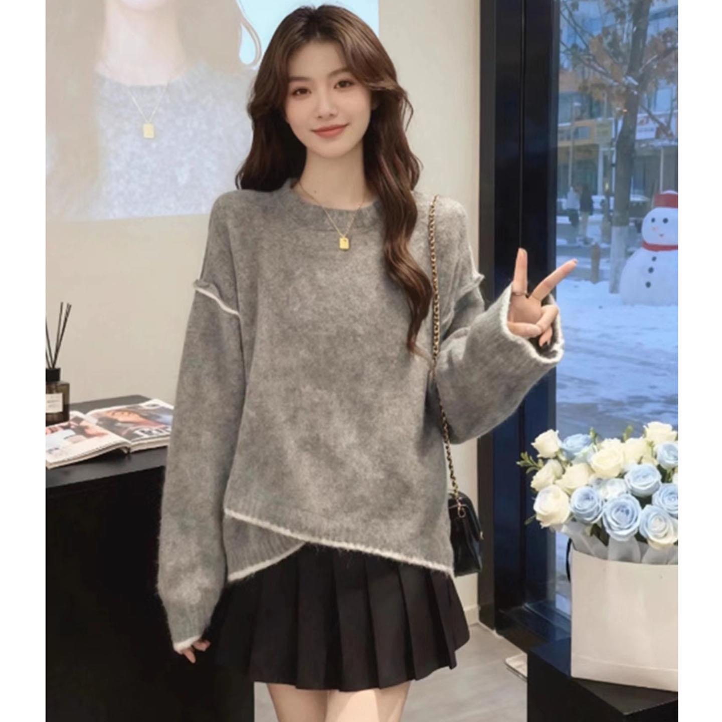 ROUMIKL圆领套头毛衣女秋冬2025新款设计感慵懒软糯百搭格加厚针