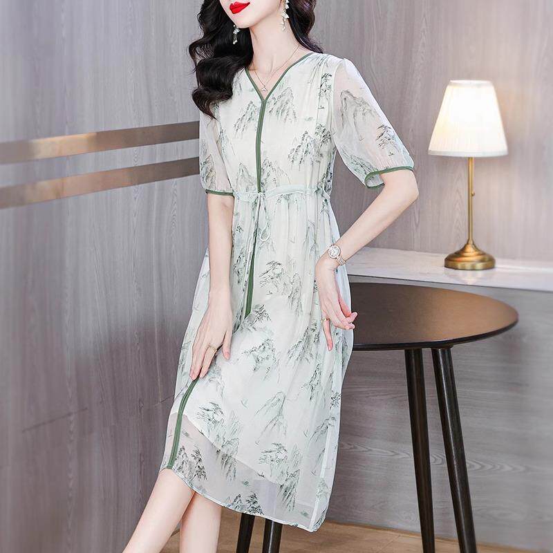 RIERA雪纺连衣裙女士夏季2025新款中年妈妈夏装端庄优雅气质中国